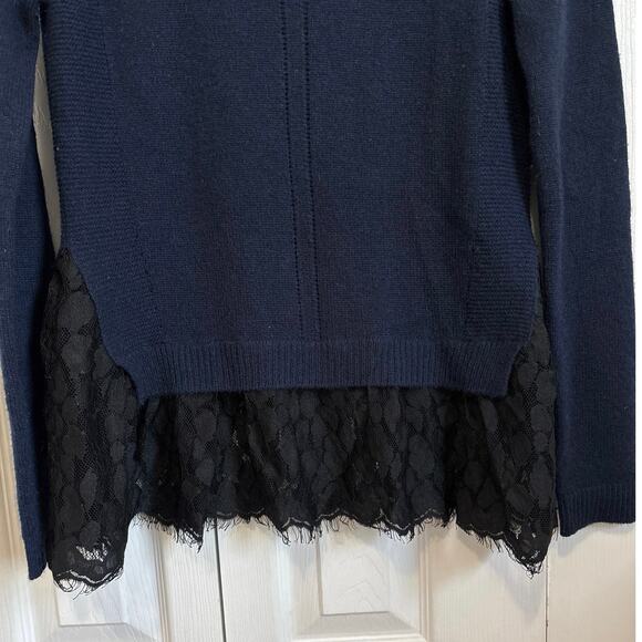 Autumn Cashmere 100% Cashmere Navy Blue Sweater with Black Lace Trim XS - Picture 3 of 7